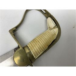 British pattern 1796 Light Cavalry Officer's sword, the 83.5cm curving steel blade marked 'W. Parker London' and 'Warranted' verso, brass stirrup hilt with half-round langets, knucklebow and backstrap with ribbed ivory grip; in brass mounted leather covered scabbard with two suspension rings L97cm overall. This item has been registered for sale under Section 10 of the APHA Ivory Act 