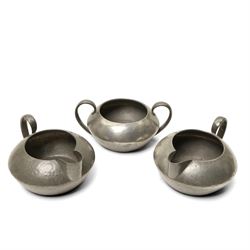 Tudric and other pewter including sugar bowls, milk jugs etc, small WMF Art Nouveau dish No262 and another No218