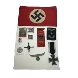 WWII Iron Cross, together with Hitler Youth pin, NSDAP arm band, Deutsches Olympia silk badge and other German insignias 