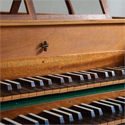 20th century “French style” Two manual Harpsichord by John Rooks of Tincknall (1971).
Double manual keyboards with three sets of strings: Two Unison, one octave and “buff” stop. Black outer casing with gold banding, five octave keyboards with 63 keys E1-G6, with black naturals and synthetic covered white sharps, inner lid painted with a rural scene, with adjustable music desk. Soundboard, bridges, strings and synthetic jacks in good condition with just one small crack to the treble area of the soundboard, key action with reasonable repetition and damping but in need of some regulation, case raised on turned baluster supports.

 You can find and listen to an example of Alan Cuckston playing this particular Harpsichord in the link below:
The King’s Hunt by John Bull

Given the intricate nature of these historic instruments, specialist support will be available if required, to assist successful buyers with safe removal and onward handling. Price upon application. 

