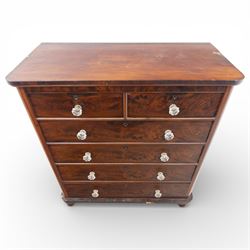 Victorian flame mahogany chest, fitted with two short over four long graduating drawers
