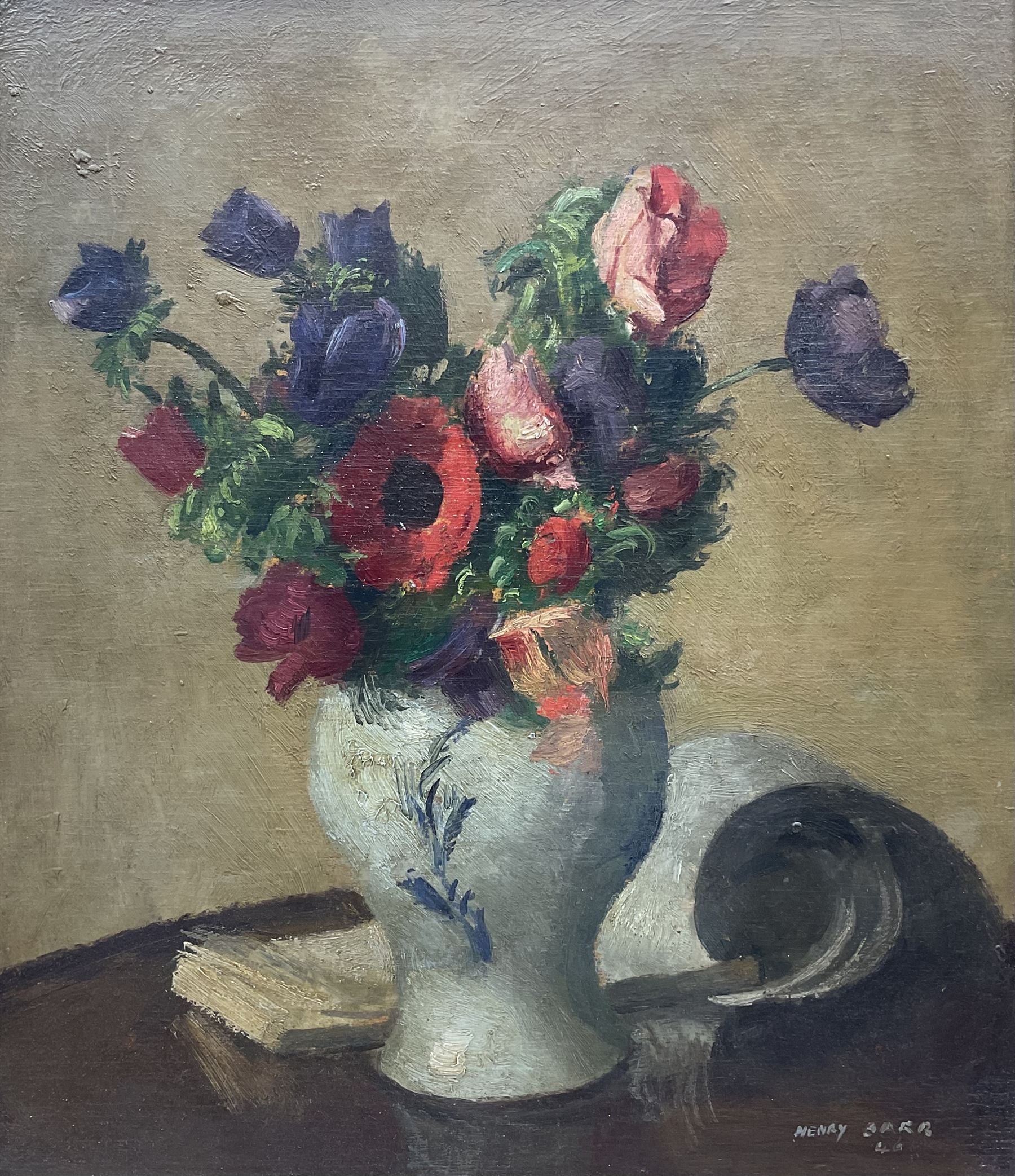 Henry Marvell Carr (British 1894-1970): Still Life of Flowers in Blue and White Vase, oil on canvas signed and dated '46, 39.5cm x 34.5cm 
