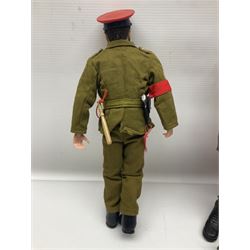 Palitoy Action Man Action Soldier No.34014 with tunic, belt, trousers, boots, blue beret and sten gun; in original box; and Palitoy Action Man Royal Military Policeman (RMP) gripping hands figure, marked 'Made in England by Palitoy under licence from Hasbro © 1964' to rear of torso; with tunic, shirt, trousers, tie, boots, belt, truncheon, pistol in holster, MP armband, red cap, Sterling machine gun and other clothing etc; in anrelated display box (2)