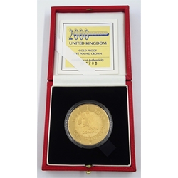 Queen Elizabeth II 2000 gold proof five pound coin, 'Millennium', struck in 22 carat gold, cased with certificate, number 1708