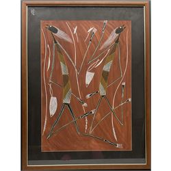 Ivan Namirriki (Aboriginal 1961-): 'Mimi Spirits' in the style of prehistoric ochre rock painting, watercolour unsigned, inscribed verso 65cm x 45cm
Provenance: purchased in 1998 at Kakadu World Heritage site in Northern Territory