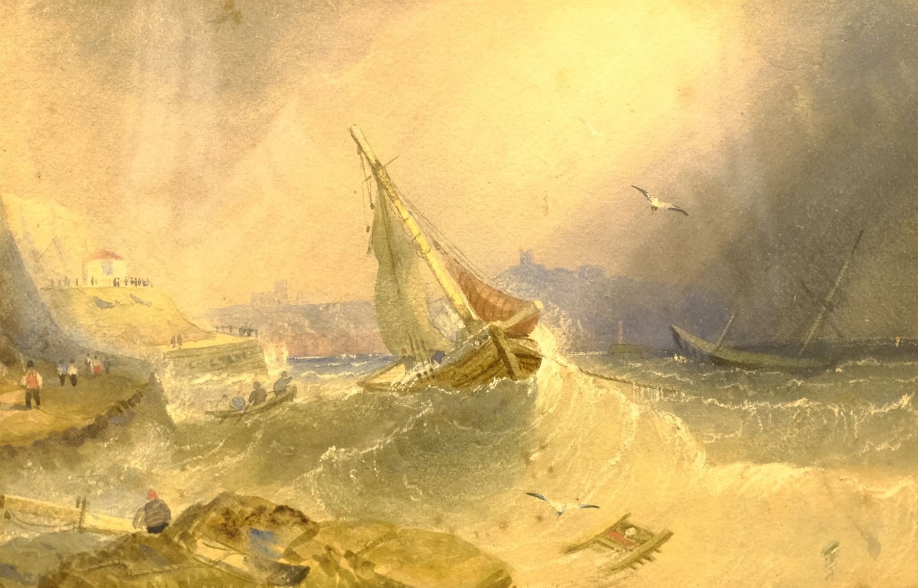 Circle of Henry Barlow Carter (British 1804-1868): Fishing Smacks off Scarborough, watercolour with scratching out unsigned 19cm x 28cm 