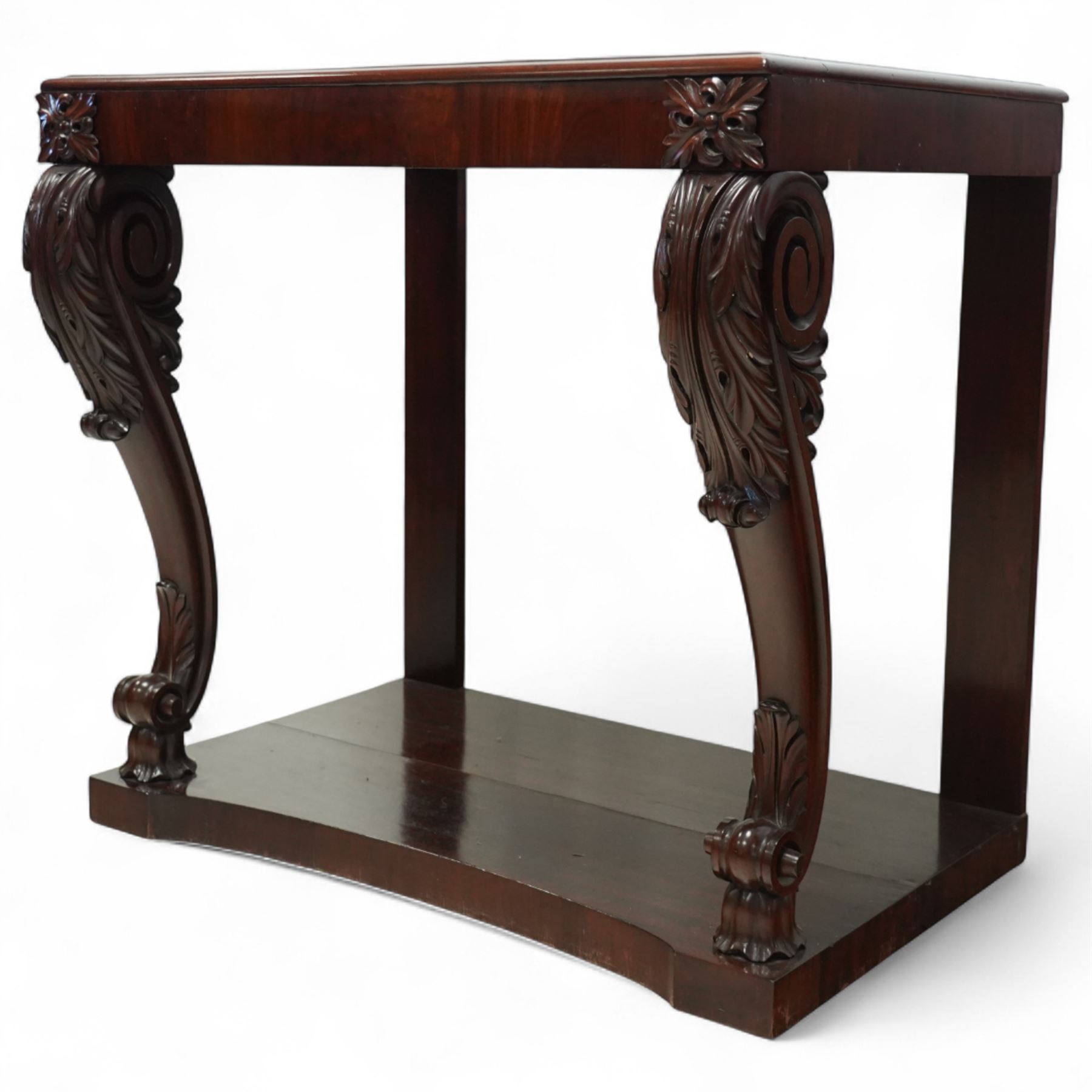 Regency style late 19th century mahogany and Italian specimen marble top console table, rectangular top inlaid with a chequered arrangement of various coloured marbles within a mahogany border, above a plain frieze raised on bold acanthus carved scroll supports over a concave plinth base