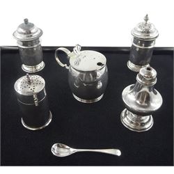 Silver salt and pepperette by Adie Brothers Ltd, Birmingham 1945 and three other cruets, hallmarked, approx 5.5oz