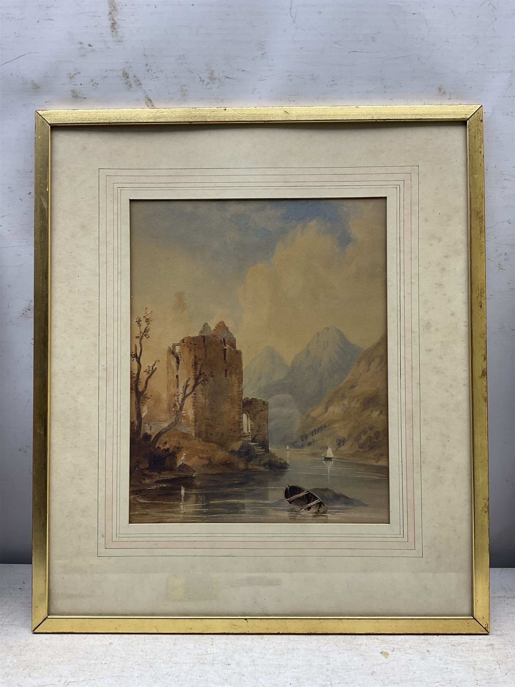Manner of Thomas Miles Richardson Snr. (British 1784-1848): Lakeside Ruin, watercolour unsigned; English School (Early 20th century): Wooded Landscape and Village Cottages, two oils on canvas, one indistinctly signed max 30cm x 48cm (3)