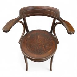 Set of three bentwood café chairs in the manner of Thonet, including a pair of side chairs (W 37cm, D 45cm, H 86cm) and a matching armchair (W 70cm, D 46cm, H 81cm), each with pressed seat decoration and continuous loop backrest