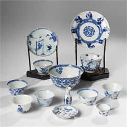 Collection of 18th century blue and white Chinese tea wares, comprising girl on swing sauc...