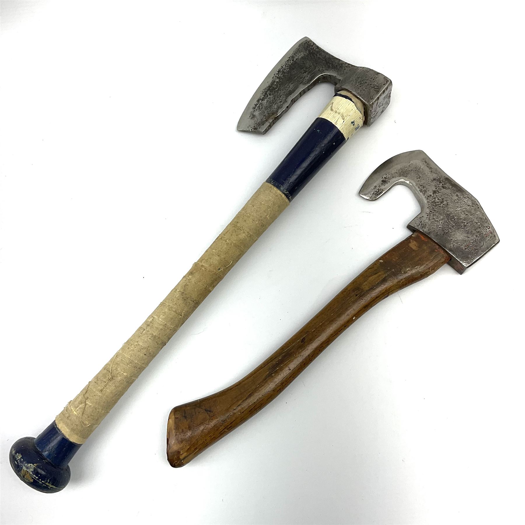 Norwegian sports axe with indistinct makers name and logo and ash handle L34cm; and unmarked hunting axe with painted and tape bound ash handle (2)
