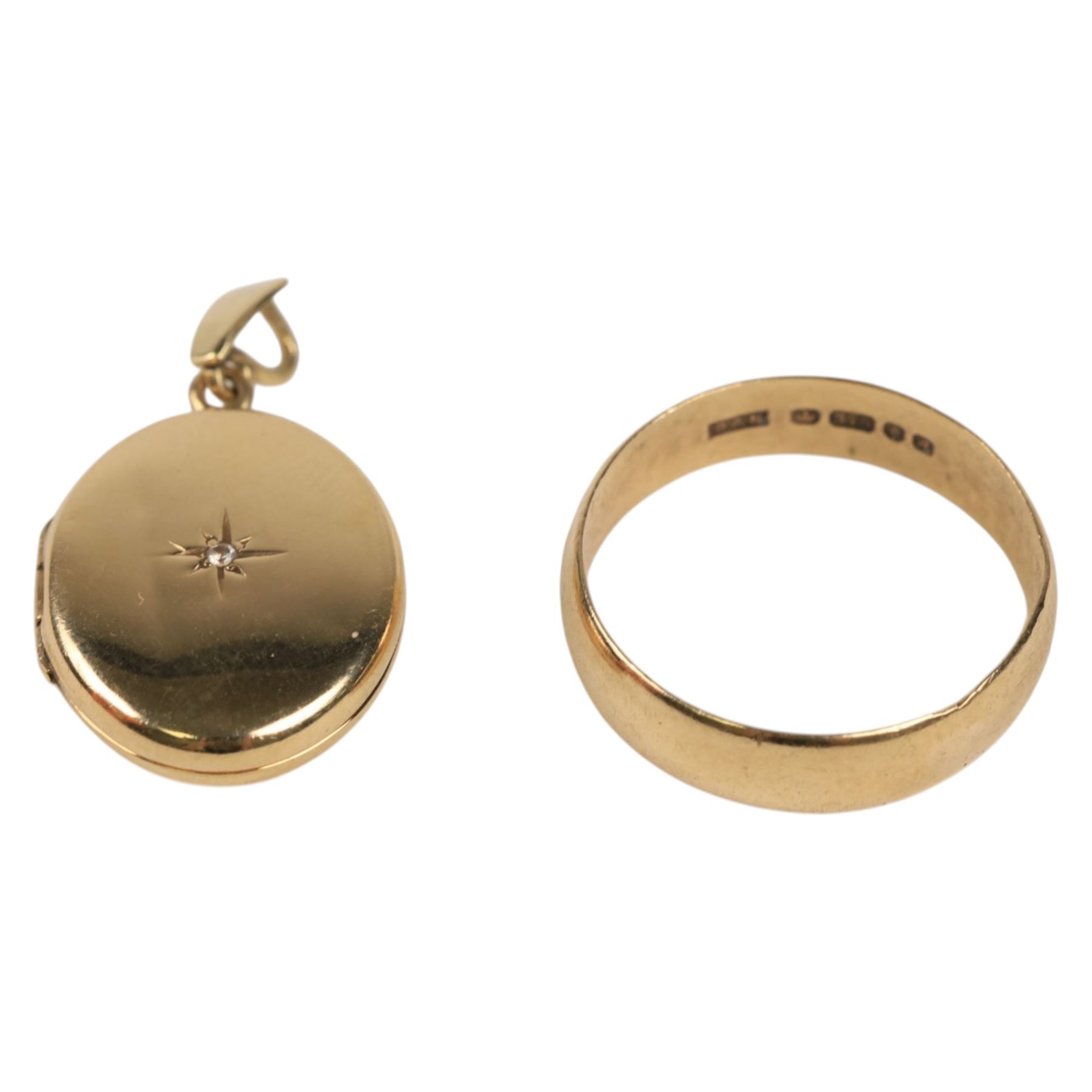 9ct gold diamond set locket and a 9ct gold wedding band, both hallmarked