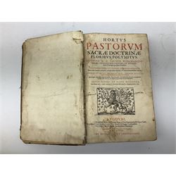 Three 17th century Lugduni (Lyon) printed books each with engraved title page in red and black comprising R.P. Corn Cornelii A Lapide .... Tomus Primus. 1690; R.P. Cornelii Cornelii A Lapide .... 1683; and Hortus Pastorum Sacrae Doctrinae Floribus Polymitus .... 1668. All folio with full calf bindings (3)
