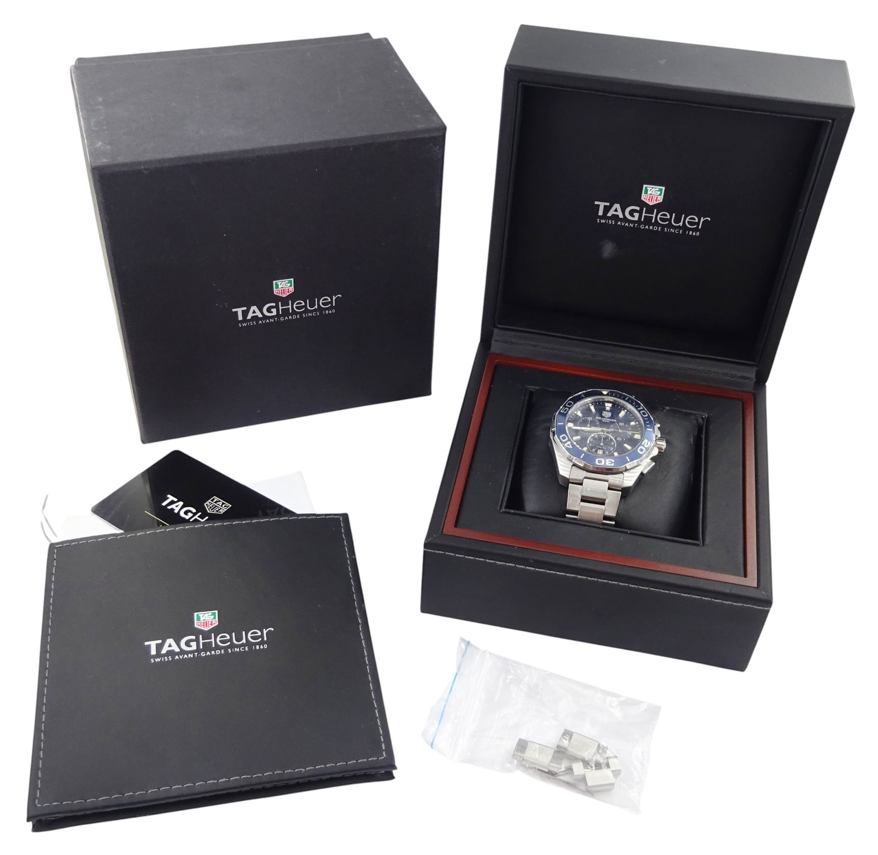 Tag Heuer Aquaracer gentleman's stainless steel quartz chronograph wristwatch, Ref. CAY111B, blue dial with subsidiary dials and date aperture, on original stainless steel bracelet, with fold-over clasp, boxed with papers and warranty card dated 2021