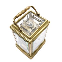 French-19th century 8-day quarter striking carriage clock with strike repeat in a Gorge case, white enamel dial with Roman numerals and steel spade hands, twin barrel movement striking the quarters and hours with two hammers on two coiled gongs to the backplate, silvered platform lever escapement with a jewelled balance and timing screws, with a full, strike, silent, and quarter selection lever to the base. 
Serial number 18874.