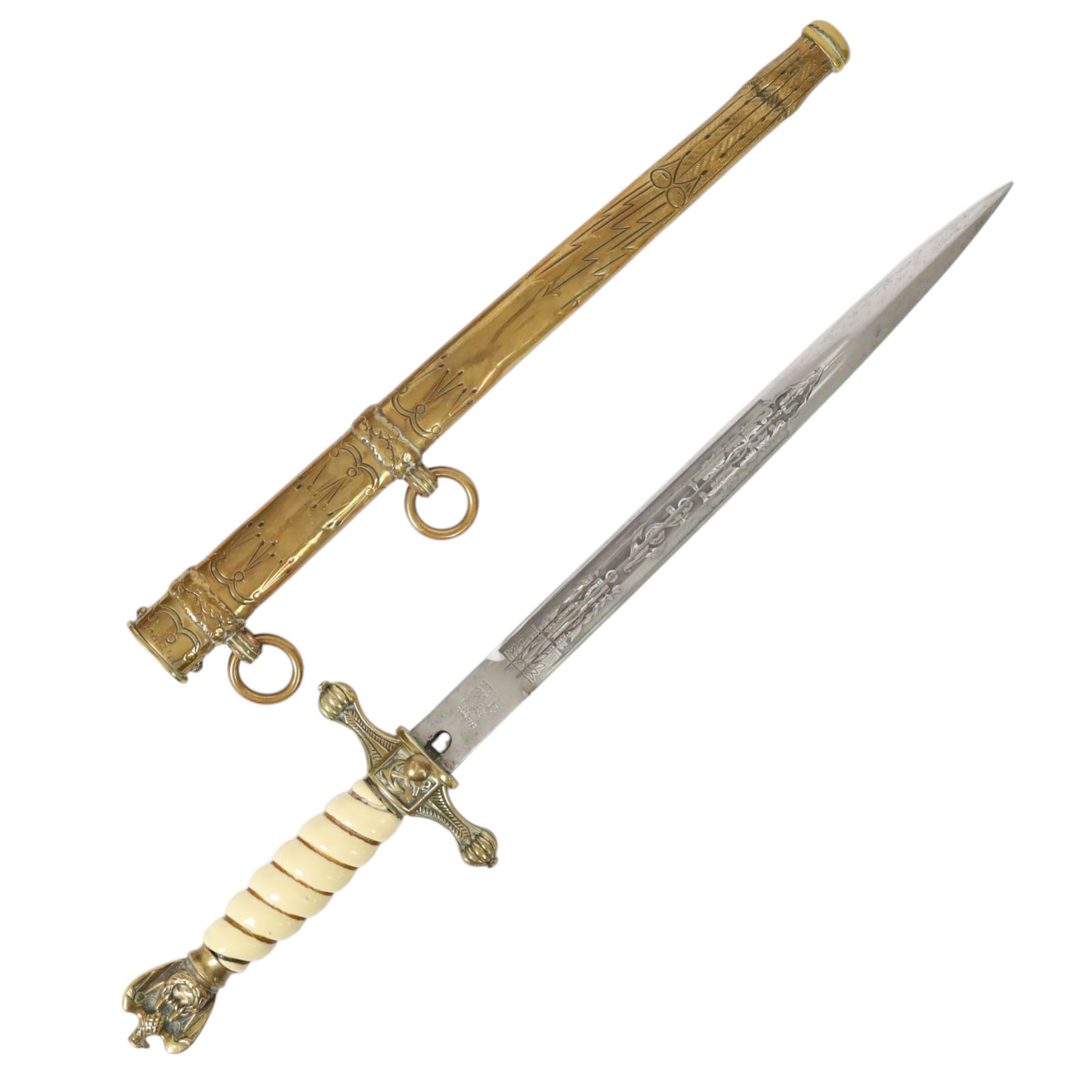 WWII Third Reich Kriegsmarine naval dirk, L25cm double fullered engraved blade, the ricasso marked Eickhorn, Solingen, ivorine celluloid handle and brass scabbard, L42cm