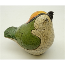  Jennie Hale (British Contemporary) raku fired model of a Gold Crest, signed to base, H14cm  