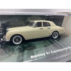 Nine Paul's Model Art 'Minichamps' 1:43 scale die-cast models - six boxed Bentleys and two unboxed Bentleys; and a Bedford estate van (9)