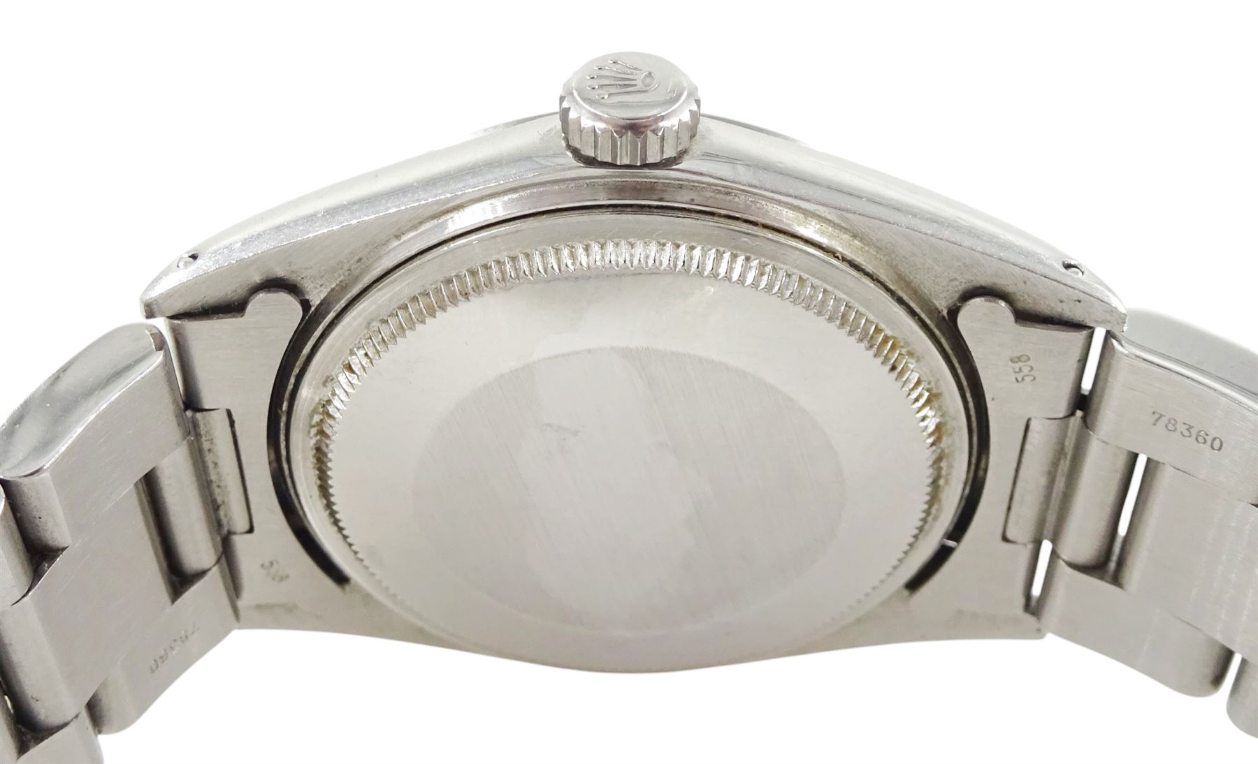 Rolex Oyster Perpetual DateJust gentleman's automatic wristwatch, circa 1970, Ref. 1600, serial No. 2565534, silvered dial with baton hour markers and date aperture, on Rolex Oyster stainless steel bracelet, with fold-over clasp, boxed with papers