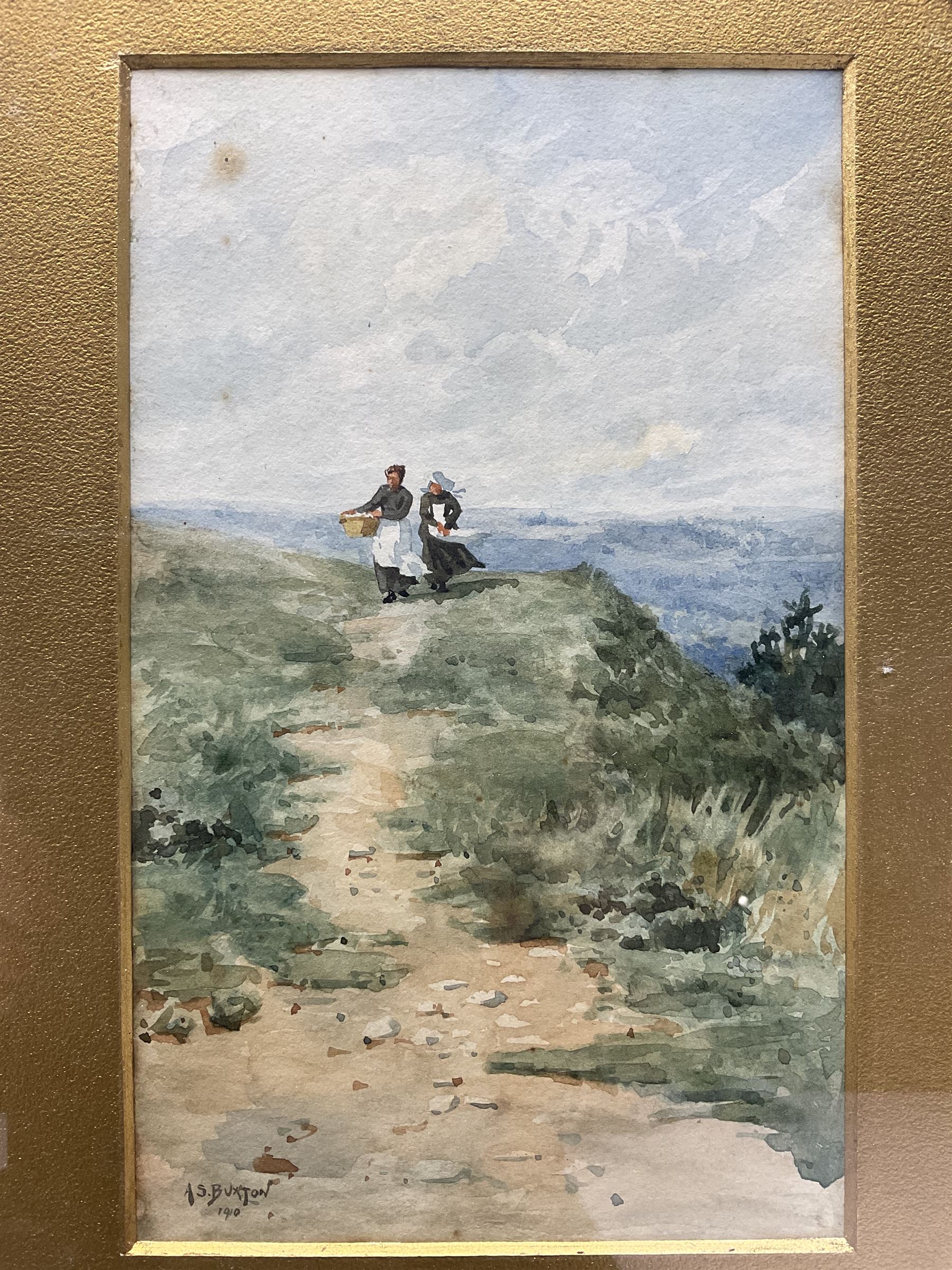 Albert Sorby Buxton (British 1867-1932): Maids in the Fields, watercolour signed and and dated 1910, 23cm x 14cm; together with a Louisa Fennell Wakefield print and another watercolour of boats (3)