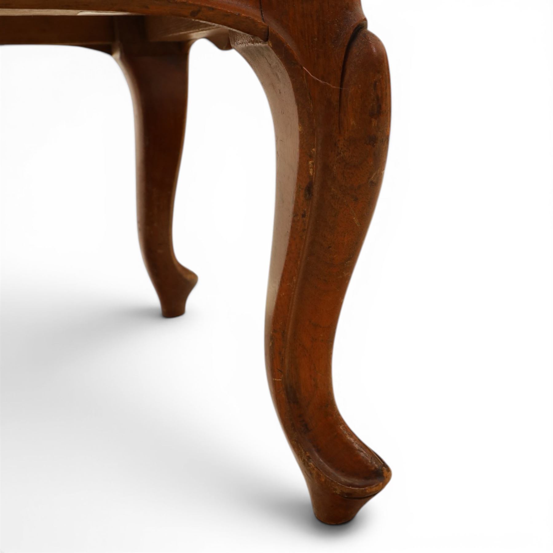 French walnut dressing stool, upholstered in pink damask fabric, raised on cabriole legs 
