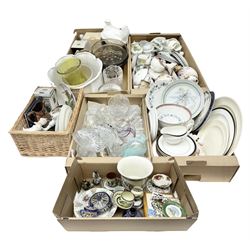 Set of four contemporary Mosa Holland tiles, three further tiles, Grayshott pottery clock, motto ware teacup and saucer, jug and mug, Royal Albert Old Country Roses, Chinese mud men figures, Spode etc and Quantity of ceramics and glassware to include art glass vase, Royal Grafton, Royal Doulton and Colclough dinner wares, Poole, copper lustre, vases etc in six boxes