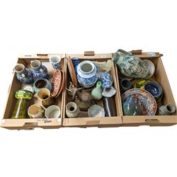 Collection of studio pottery, including vases, Country Artists elephant figure, glass nude female figure and a collection of other ceramics and collectables, in three boxes 