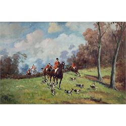 English School (20th century): Autumnal Hunting Scene, oil on canvas indistinctly signed 59cm x 89cm