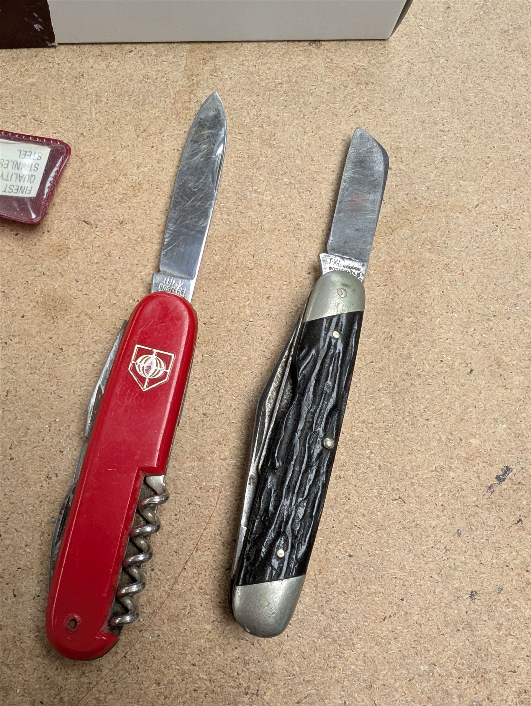 Eight pocket/pen knives, to include Victorinox Swiss Army knife, in box, Inox knife, George Wostenholm IXL knife and a Joseph Westby knife