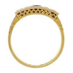 Art Deco 18ct gold milgrain set three stone French cut sapphire and four stone old cut diamond ring by R. Bros, stamped, total sapphire weight approx 1.00 carat