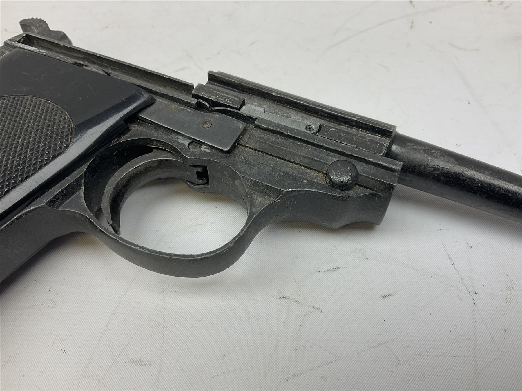 Modern Remington .44 calibre percussion brass framed army revolver, possibly by Uberti, with 16cm octagonal barrel, No.225; partially deactivated to old specification with no certificate L36cm overall; together with a die-cast copy part model of a Walther P38 semi automatic pistol (2) RFD ONLY