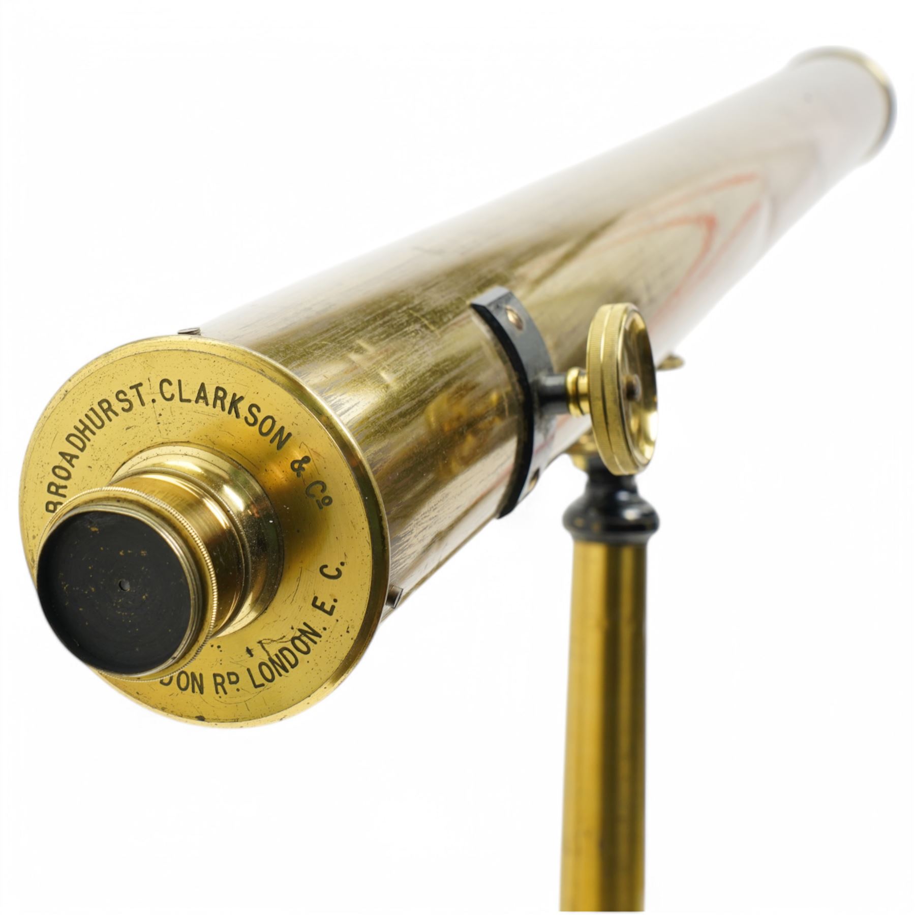 Late 19th/Early 20th century brass telescope by Broadhurst Clarkson & Co, London  with tripod stand in original box L100cm