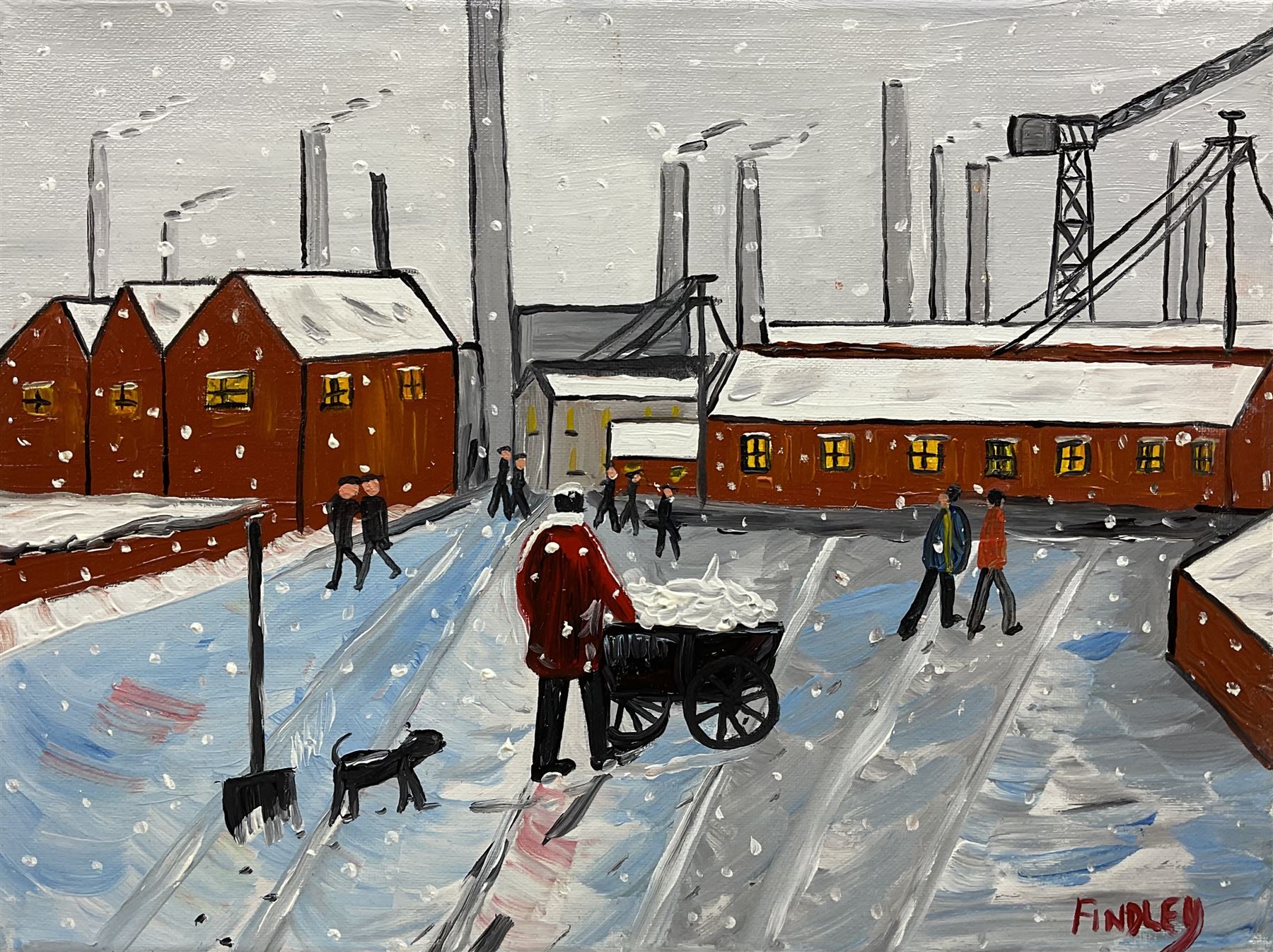 William Findley Burns (Northern British 1949-): The Pit Workers, oil on canvas signed 30cm x 40cm (unframed)