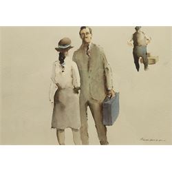 Michael Curgenven (Contemporary): 'Winter Evening Spofforth', oil on board signed, titled verso 25cm x 37cm; Philip Gardner (British 1922-1986): Man with Briefcase, watercolour signed 17cm x 25cm