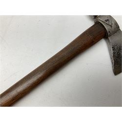 Early 20th century ceremonial Tomahawk pipe, steel axe head with pipe bowl, drilled drawing shaft, 46cm