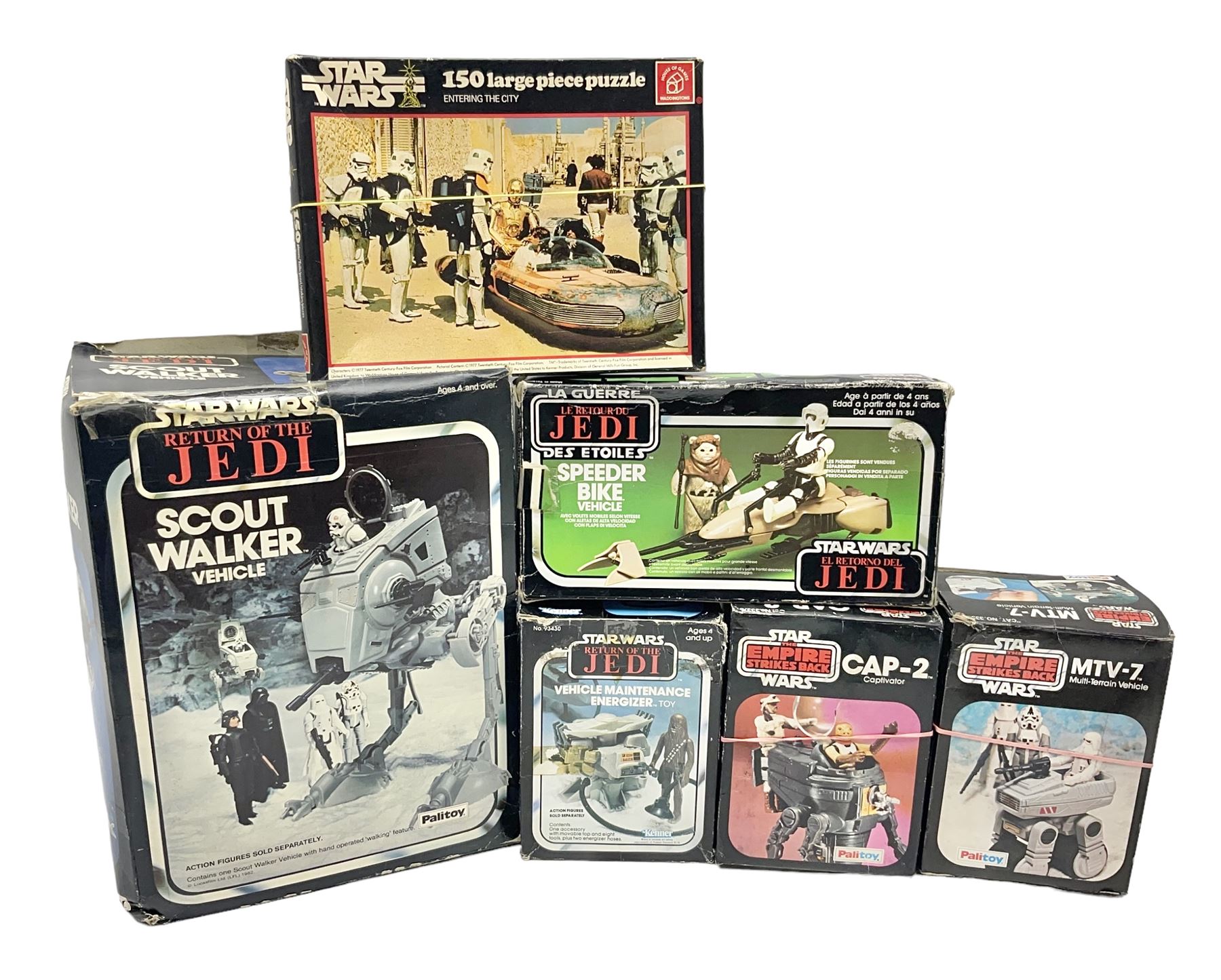 Star Wars - Return of the Jedi Scout Walker Vehicle, Speeder Bike Vehicle and Vehicle Maintenance Energiser; together with The Empire Strikes Back Cap-2 Captivator and MTV-7 Multi-Terrain vehicle; and Waddingtons 1977 Star Wars Entering the City jig-saw puzzle; all boxed (6)