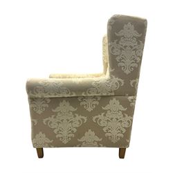 Chatsworth hardwood-framed armchair upholstered in cream  damask, with rolled arms and cushioned seat, raised on square tapered feet
