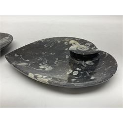 Pair of dishes in the form of hearts with a raised Goniatite to the centre and Orthoceras and Goniatite inclusions, age: Devonian period, location: Morocco, D16cm