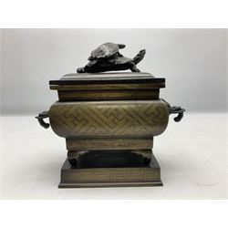 Chinese censer or incense burner, elephant head shaped handles, uon a rectangular base, the lid decorated with silver inlay with terrapin finial, H20cm  