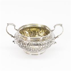 William IV silver twin handled sugar bowl, embossed with flowers and scrolling decoration ...