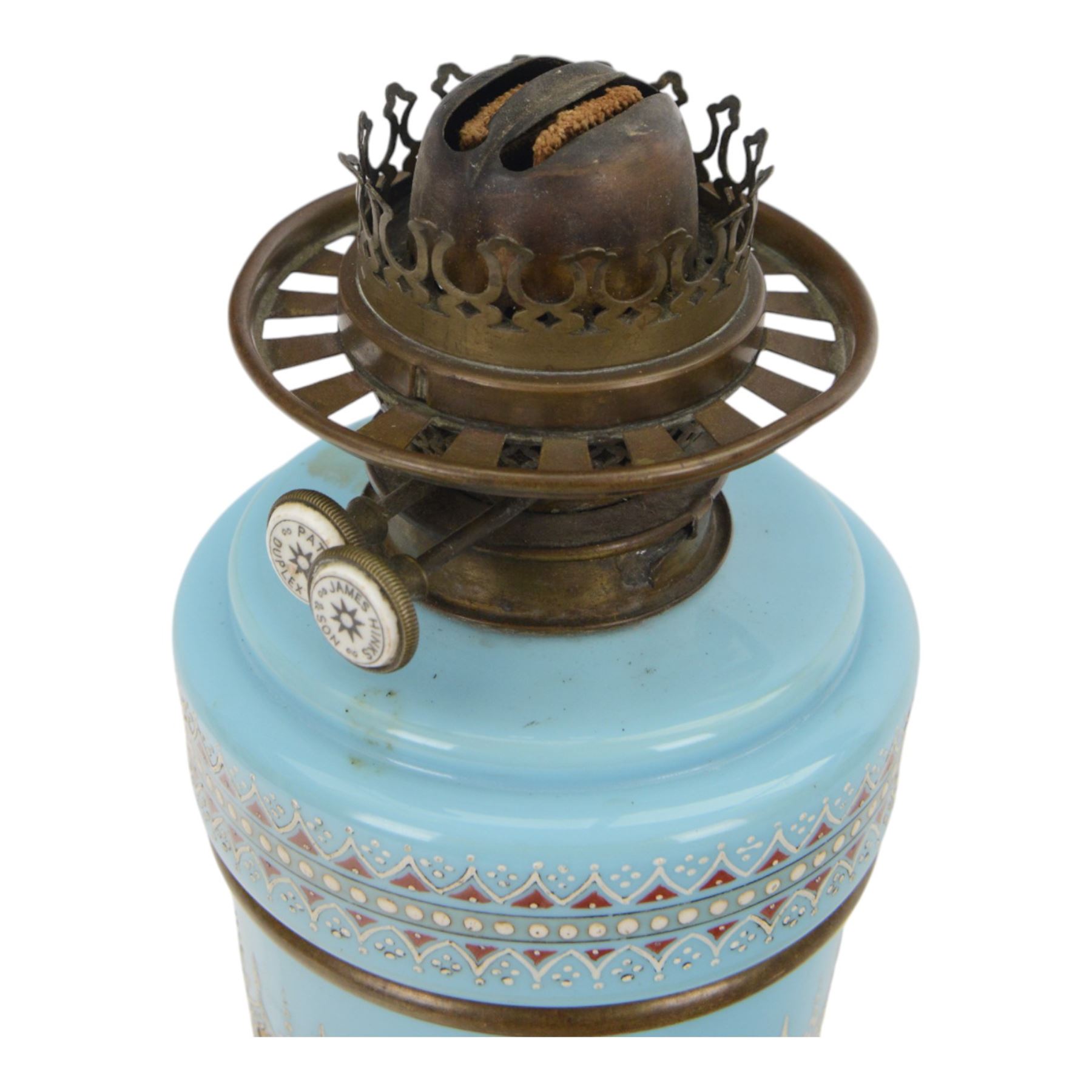 Victorian blue milk glass oil lamp by James Hinks & Son, with enamelled stipple decoration, H43cm