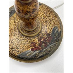 Early 20th century Chinoiserie lacquered standard lamp, decorated in relief with fishing scenes and dragon, with shade