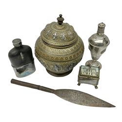 Indian lidded jar; Victorian hip-flask; native spear head; white metal bottle and French trinket box