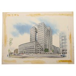 David Hoare (British 20th Century): Two architectural perspectives of Wapping - London, pair of watercolours heightened with white laid on to cardboard signed and dated '88 max 38cm x 54cm (2) (unframed)
Notes: These perspectives depict two different buildings proposed for the exact same location.