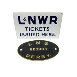 '0' gauge - five scratch-built open wagons; two part assembled carriage truck kits; cast brass 'LMS Rebuilt DERBY' oval sign; and modern enamelled LNWR Ticket Office sign.