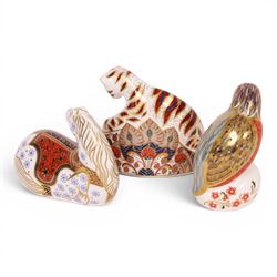 Three Royal Crown Derby paperweights, comprising Bengal Tiger Cub gold stopper, Kingfisher gold stopper and Horse silver stopper