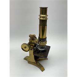 19th century lacquered brass monocular microscope by Moritz Pillischer No.1795 in fitted mahogany box with carrying handle and two additional lenses 