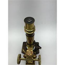 19th century lacquered brass monocular microscope by Moritz Pillischer No.1795 in fitted mahogany box with carrying handle and two additional lenses 