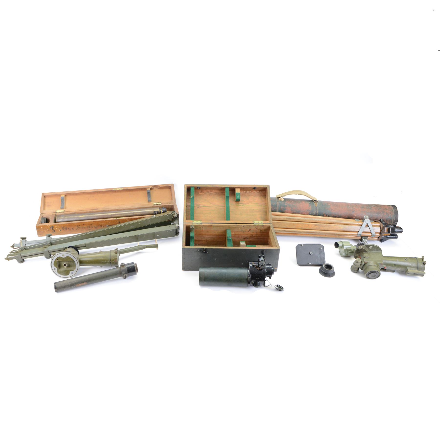 Barr & Stroud military issue type FT27 range finder no. 1009 dated 1916 stamped with broad arrow, in metal case, together with gun sights including ZRAK ON-59, MK II telescopic bearing, MK II telescope elevation and two tripods